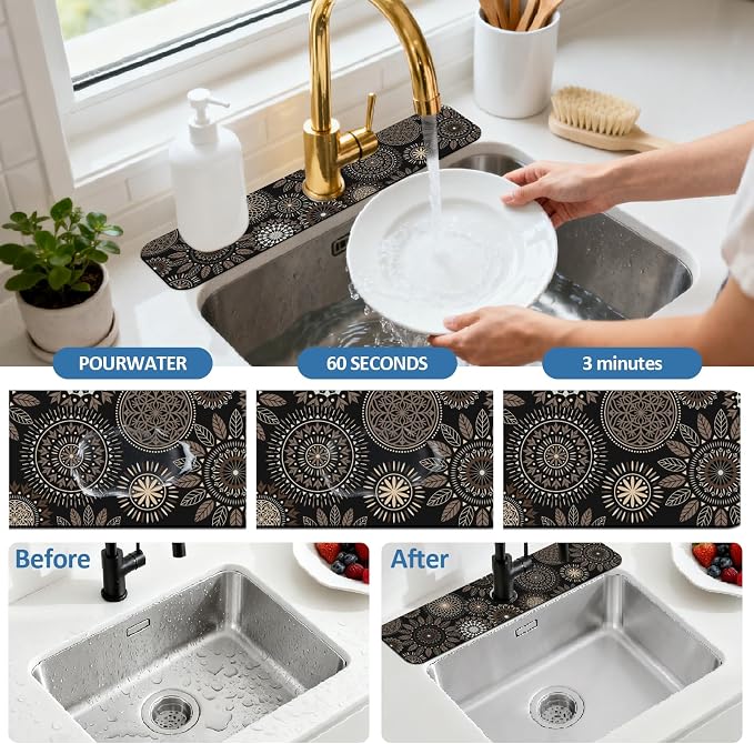 2 Pcs Kitchen Sink Splash Guard Faucet Mat Mandala Pattern Faucet Mat - Image 5
