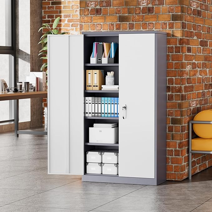 Greenvelly Metal Garage Storage Cabinet with 2 Doors and 4 Adjustable Shelves, 72”H Steel Lockable Storage Cabinet,Tall Metal Cabinet Locking File Cabinet for Office,Home, Garage, Gym, School