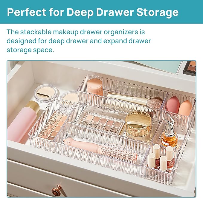 Vtopmart 7 PCS Clear Makeup Drawer Organizers Bins, 4-Size Stackable Makeup and - Image 3