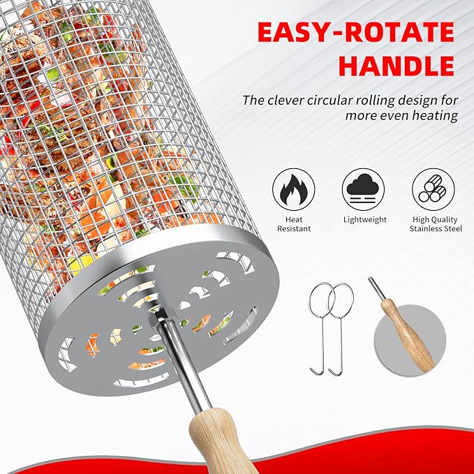 Rolling Grill Basket Grilling Gifts for Men, Nesting Grilling Baskets for Vegetable Small Meat, Removable Handle, 304 Stainless Steel, Outdoor Grill Accessory BBQ Gift for Birthday & Christmas