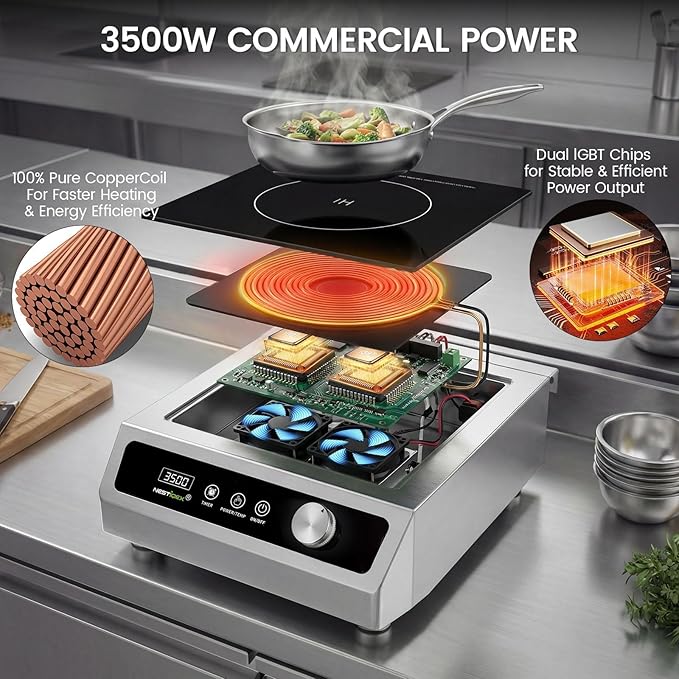 3500W Commercial Induction Cooktop, NESTIQEX 208V 3-Phase Large Induction Burner with 20 Power & Temp Levels, 9" Large Coil, 24h Timer, Pro Electric Countertop Burners for Restaurant