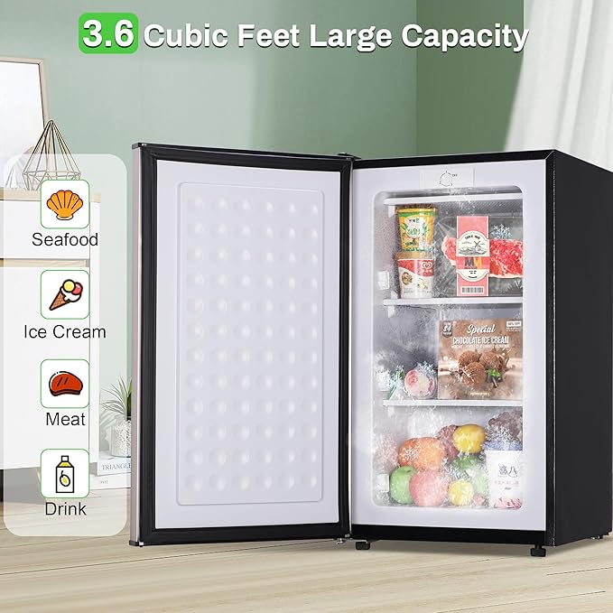 Maine Upright Freezer 3.6 Cu.Ft Mini Freezer with Reversible Stainless Steel Door Freestanding Compact Freezer with 3 Adjustable Thermostat, Small Freezer for Apartment Dorm (Silver)