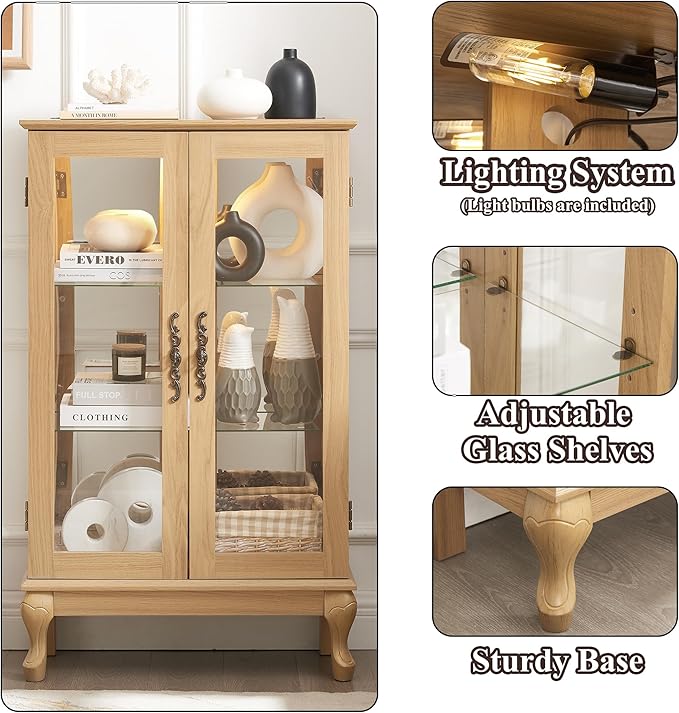 43" H Lighted Curio Cabinet Display Case, Glass Curio Cabinet with Adjustable Shelves & Tempered Glass Door, Wooden Cabinets with Mirrored Back Pane for Living Room (Light Oak)