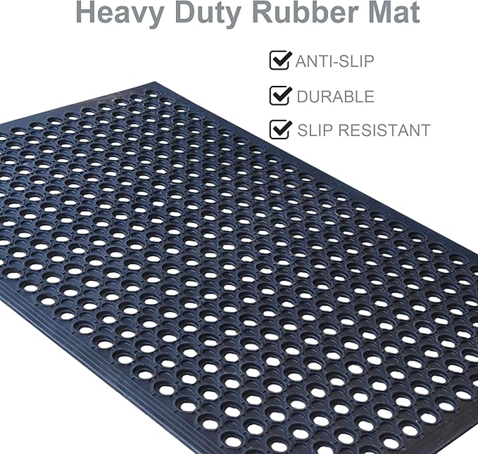 OrangeStar Anti-Fatigue 4-Pack Rubber Floor Mat, 24”x36” Restaurant Kitchen Commercial Drainage Mats, Non-Slip Door Mat w/Holes for Indoor Outdoor Bar Pool, Black