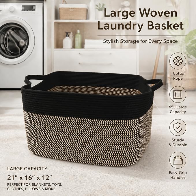 65L Laundry Basket with Handles, Woven Blanket Basket - Image 5