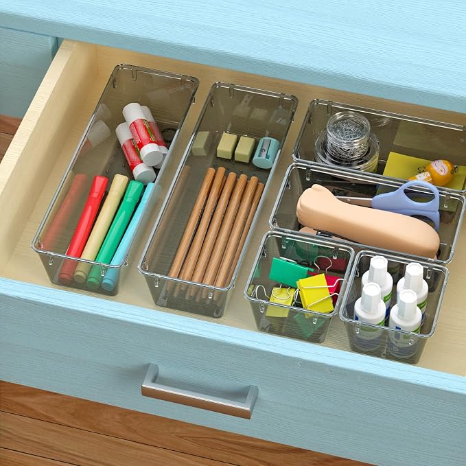6 Pack Clear Drawer Organizer Set, Drawer Storage Trays, Storage Bins | Acrylic - Image 5