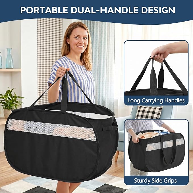 100L Collapsible Laundry Baskets, Foldable Dual Handle Laundry Hamper Black | - Image 6