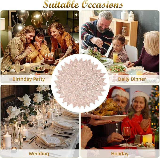 Placemats Set of 8, Round Hollow Out Flowers Place Mats for Dining Table Pressed Vinyl Blooming Leaf Table Mats for Holiday Party Wedding Accent Centerpiece Dinner Table Decoration (Rose Gold)