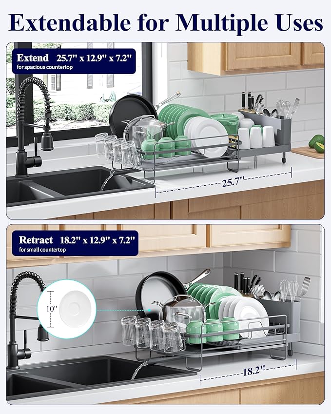 Kitsure Extendable Large Dish Drying Rack, 18.2"-25.7" L x 12.9" W, Cup Holders - Image 3