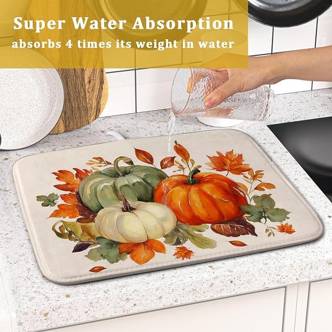 Giwawa Fall Pumpkin Dish Drying Mat Autumn Leaves Absorbent Dishes Pad 16x18 - Image 7