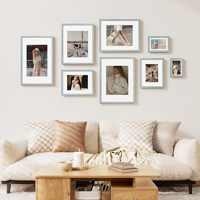 Vittanly 11x14 Picture Frame Set of 2, Solid Wood Frame for Wall Art Photo and Prints, Display Photo 8x10 with Mat or 11x14 without Mat, Rustic Blue