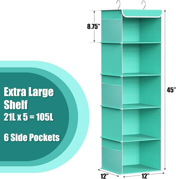 Simple Houseware 5 Shelf Hanging Closet Organizer, Turquoise | 360° Rotating - Image 3