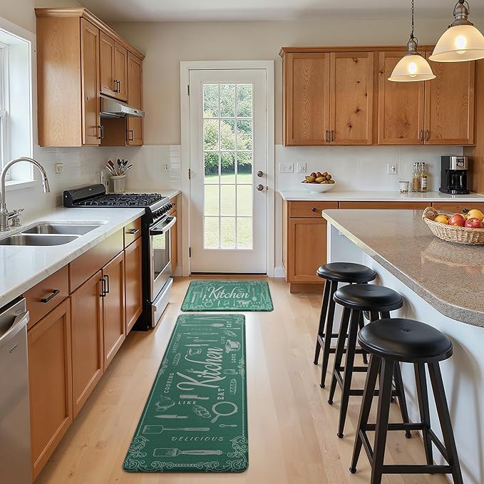 GENIMO Anti Fatigue Kitchen Mats for Floor, Non Slip Washable Kitchen Theme Rugs sets of 2, Farmhouse Cushioned Waterproof Comfort Runner Rug for Kitchen, Sink, Desk, Laundry, 17"x 59"+17"x 30", Green