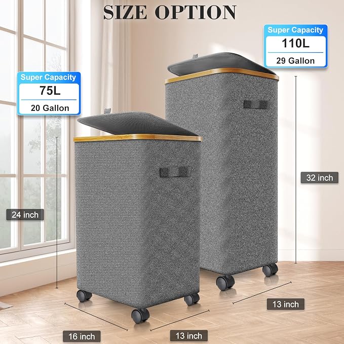 Laundry Hamper with Wheels, 75L Rolling Laundry Basket with Lid - Image 4