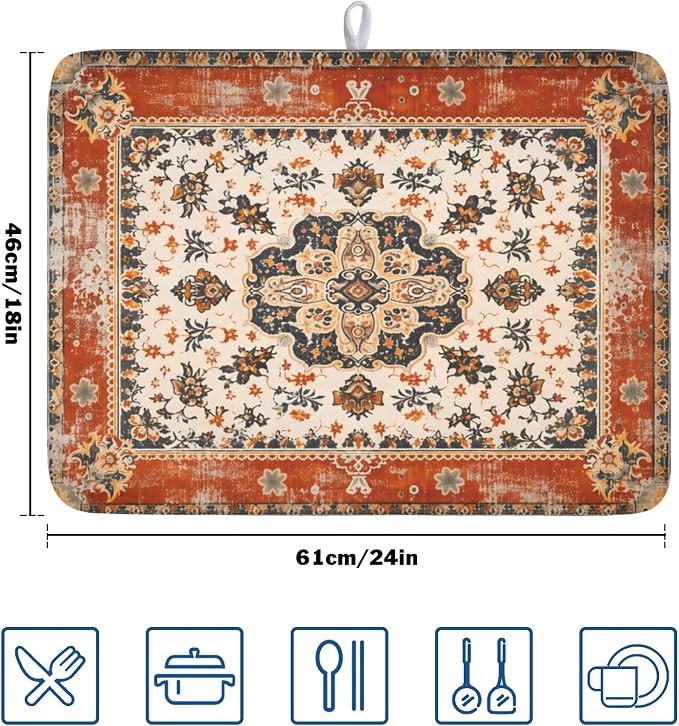 Giwawa Ethnic Boho Dish Drying Mat Rust Coral Floral Decorative Dishes Pad - Image 2