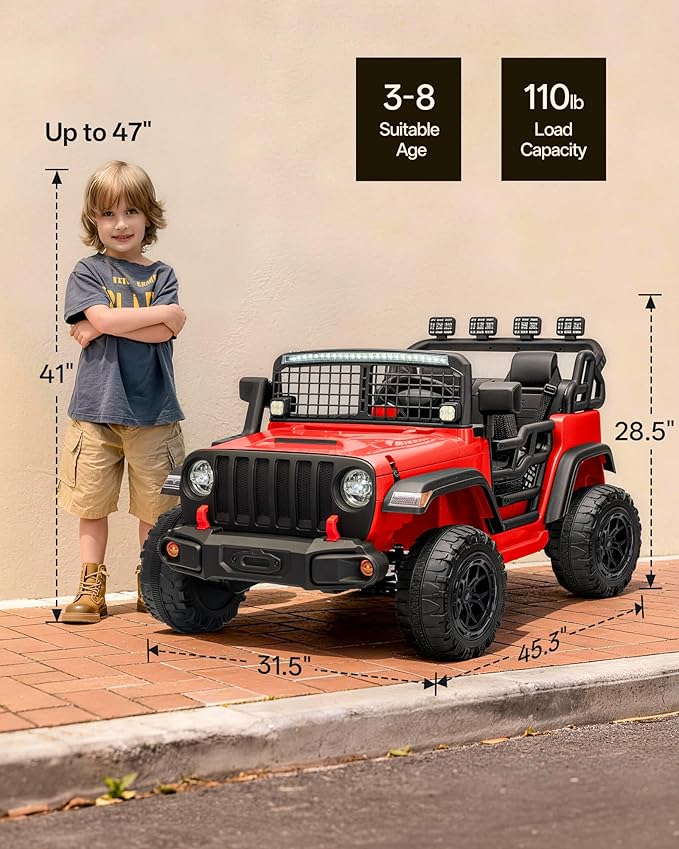 2 Seater Ride on Car Toy, 12V Electric Car for Kids 4-8 with Remote Control, Capacity 110 lb, LED Light - Red