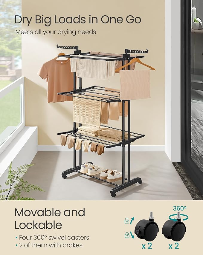 SONGMICS Clothes Drying Rack 4-Tier, Foldable Laundry Rack, Steel | Indoor - Image 3
