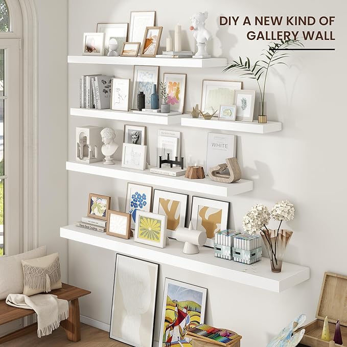 Floating Shelves for Wall 72"W x 11.6"D x 2"H, Long Engineered Wood Wall Shelves with Invisible Brackets for Living Room Bedroom Bathroom Office Kitchen Decor and Storage, White Finish, Set of 1