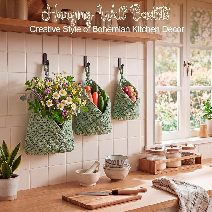 Honeydak 3 Hanging Baskets, Sage Green, Cotton Rope - Image 5