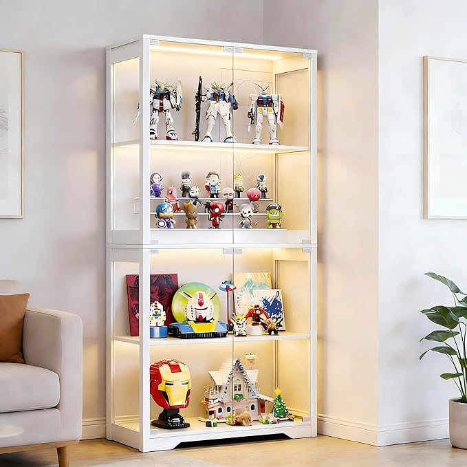 Display Cabinet with Glass Doors, Curio Cabinet with 3 LED Lights and Human Body Sensor, Bookcase with 4 Shelves Storage Cabinets, White