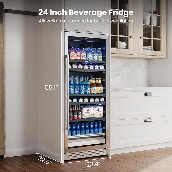 Beverage Refrigerator 24 inch - 238 Cans Capacity Beverage Cooler, Upgraded Beverage Refrigerator Freestanding or Built-In, Drink Cooler for Soda, Water, Beer or Wine - For Kitchen, Bar or Office