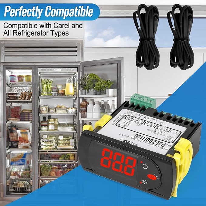 Replacement for Carel PJEZS0H100 Temperature Controller, for 115V 50/60hz Refrigerators/Freezer Types, Programmable Digital Thermostat with Sensor Probe & Mounting Hardware