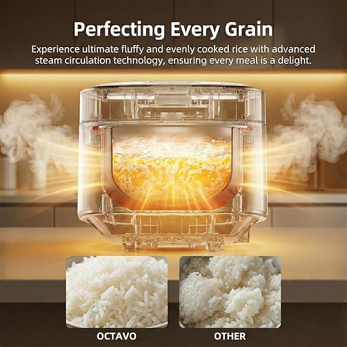 OCTAVO Low Carb Rice Cooker, 5-Cup Uncooked Stainless Steel Inner Pot, Low Sugar Rice Maker with 24H Timer and Auto Keep Warm, Small Rice Maker LED Display, White Rice/Brown Rice/Grains/Oatmeal