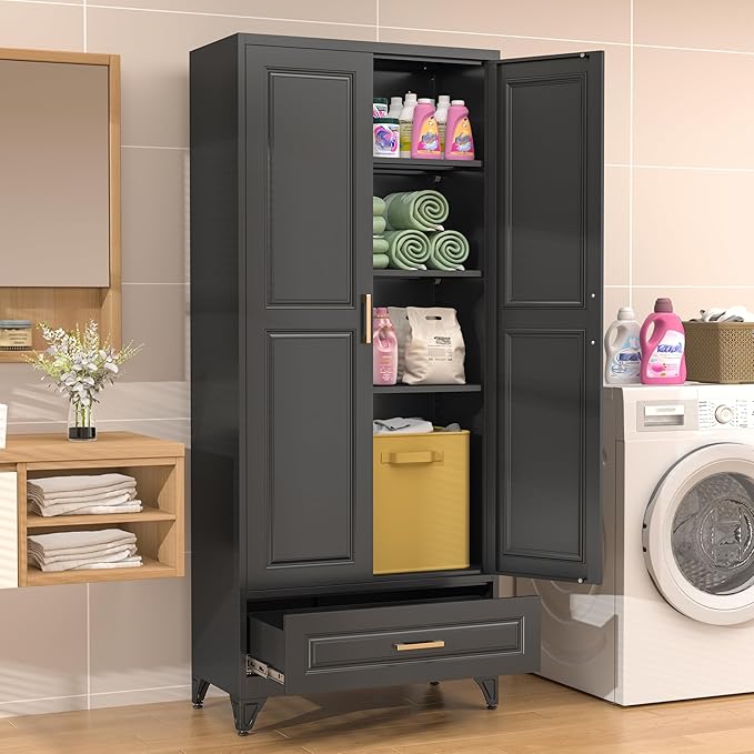 75” Kitchen Pantry Storage Cabinet,Metal Tall Storage Cabinet with Drawers and Adjustable Shelves,Modern Kitchen Hutch Cabinets,Freestanding Cupboard for Living Room