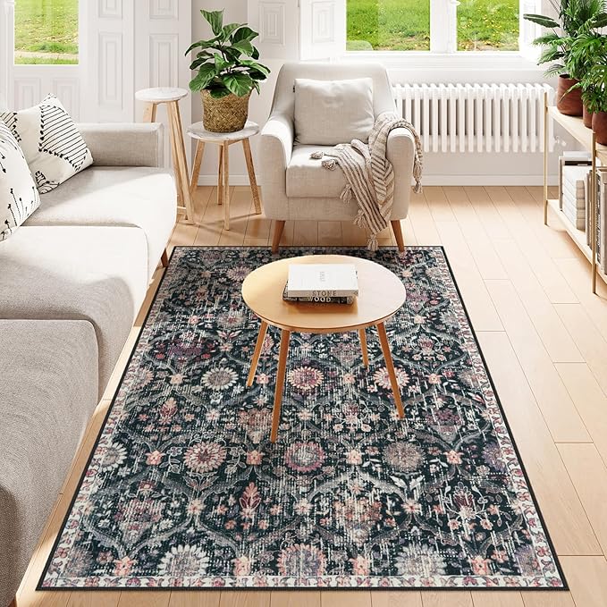 Lahome Moroccan Machine Washable Rugs for Living Room, 4x6 Rug for Bedroom Non-Slip Vintage Trellis Ultra-Thin Throw Carpet for Dining Room Office Nursery, Black/Multi