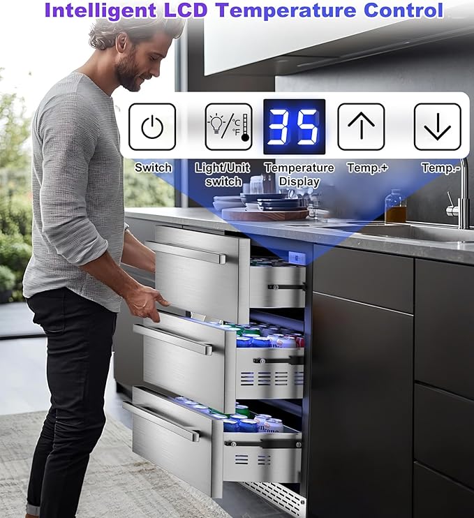3 Drawer Beverage Refrigerator Undercounter, Hold 180 Cans 24 inch Weather Proof Stainless Steel Beverage Fridge for Outdoor, Built-in & Freestanding Beverage Cooler Fridge for Soda, Beer, Fruit