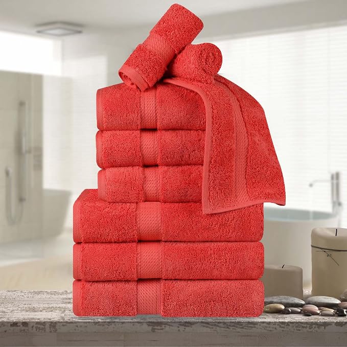 Superior Egyptian Cotton 800 GSM Plush & Absorbent, 9 Piece Set, Coral | Quick by SUPERIOR