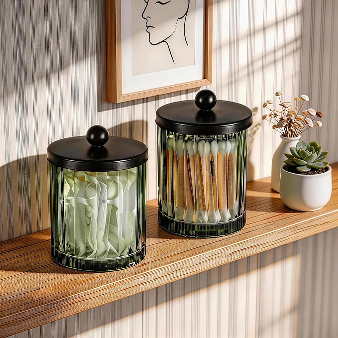 Amolliar Green Glass Apothecary Jar, Qtip Holder - Image 7