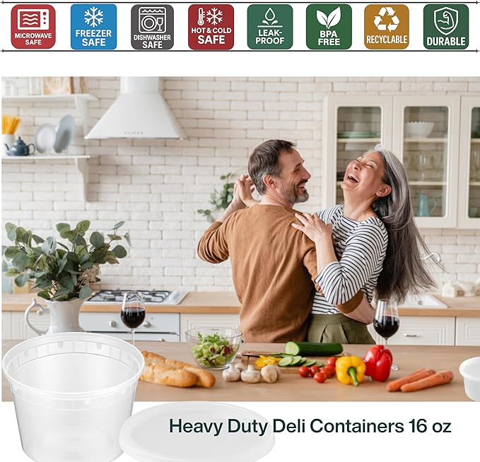 16oz [50 set] Heavy Duty Plastic Deli Container | BPA-Free Food Storage with Airtight Leak‑Proof Lids | Microwave, Freezer & Dishwasher Safe – Stackable, Bulk Reusable Soup & Meal Prep Tub