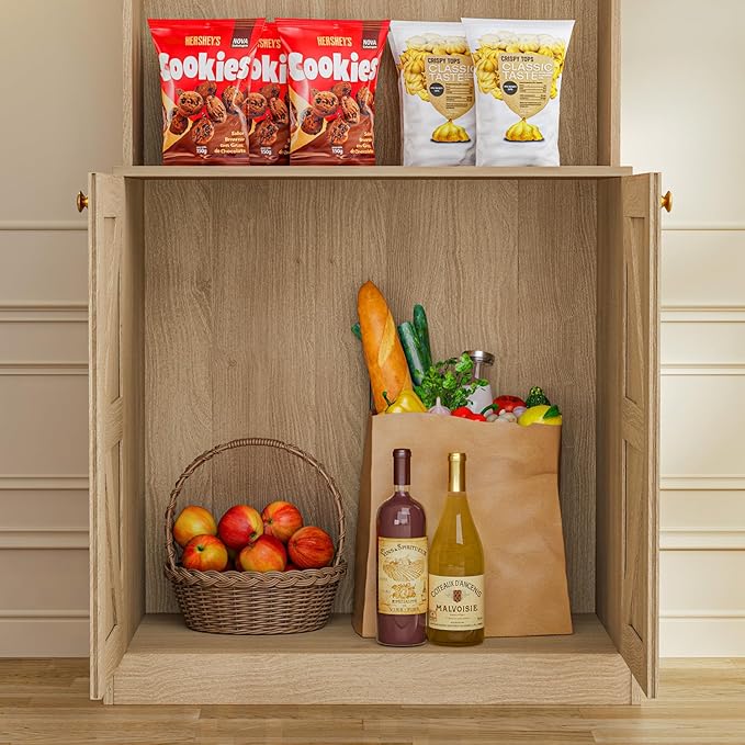 71" Farmhouse Kitchen Pantry Cabinet Set of 2, Tall Freestanding Storage Hutch with Glass Doors, Microwave Stand and Adjustable Shelves, Coffee Bar Cabinet for Kitchen or Living Room, Brown