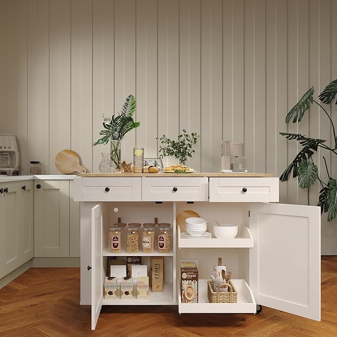 47.2 in Mobile Kitchen Island with Drop Leaf Countertop, Charging Station & Ample Storage, Rolling Kitchen Cart on Wheels with Pull-Out Shelves, Drawers, Spice Rack & Organizer Divider (White-1)