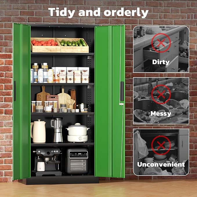 Greenvelly Metal Garage Storage Cabinet with 2 Doors and 4 Adjustable Shelves, 72”H Steel Lockable Storage Cabinet,Tall Metal Cabinet Locking File Cabinet for Office,Home, Garage, Gym, School