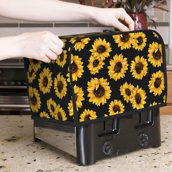 Sunflower Stylish Black 2 Slice Toaster Cover, Waterproof Toaster Dust Cover Bread Maker Protective For Small Kitchen Appliance Dining Room Home Table Decor Gifts