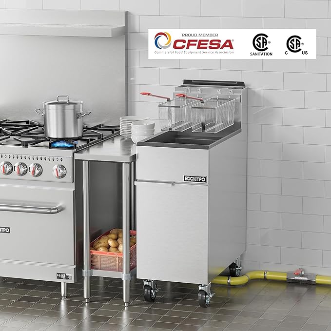 EGGKITPO Commercial Natural Gas Fryer 120,000 BTU 4 Burners Floor Standing Fryer CSA Certified Stainless Steel Deep Fryer with 2 Baskets 50 lb Capacity for Restaurant and Business