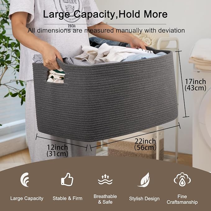 OIAHOMY 75L Large Blanket Basket Woven Rope Storage Basket Dark Grey - Image 3