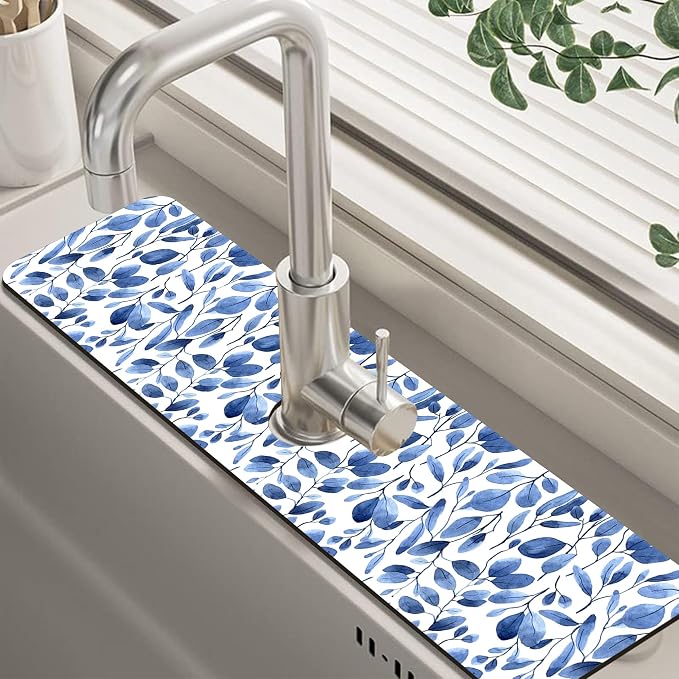 Watercolor Blue Leaves Sink Faucet Absorbing Mat Sink Splash Guard Faucet Mat by Unknown