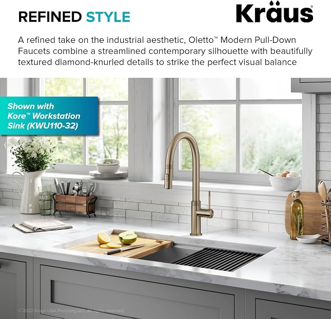 KRAUS Brushed Gold 17 in Pull Down Kitchen Faucet KPF-2654BG | Diamond-knurled - Image 3