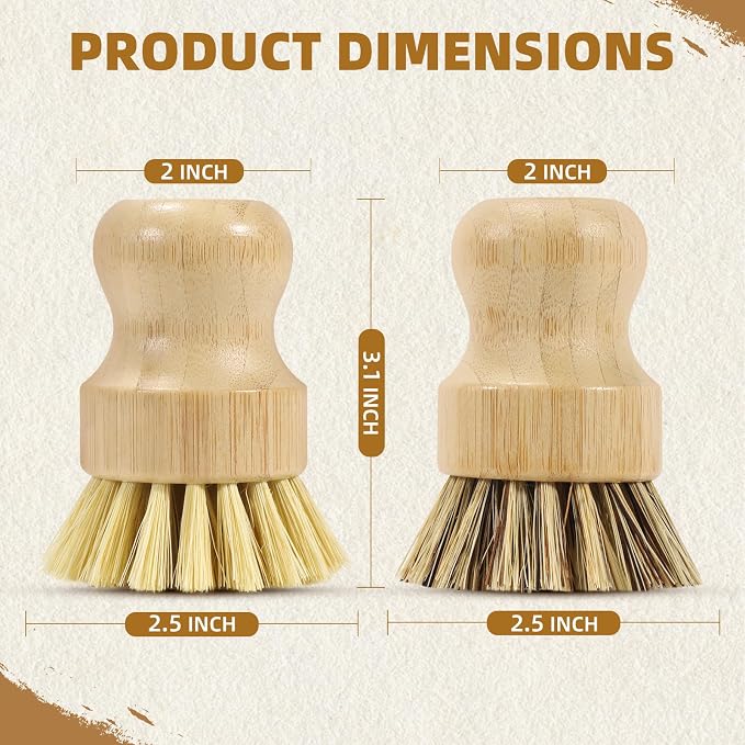 4 Pack Bamboo Dish Brush Set, Natural Palm Dish Scrubber - Image 3