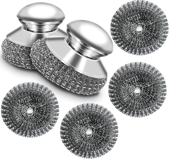 Stainless Steel Wool Scrubber with Handle, Steel Scrubber Wool Pads, Scrubbing Scouring Brush Pads for Cleaning Dishes, Stoves, Kitchen Pots, Pans