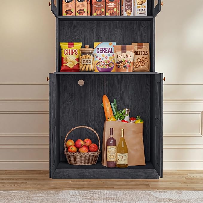 Vyre 71" Farmhouse Kitchen Pantry Cabinet Set of 4, Black Freestanding Coffee Bar Hutch with Glass Doors & Adjustable Shelves, Large Storage Cabinet with Microwave Stand for Living Room & Kitchen