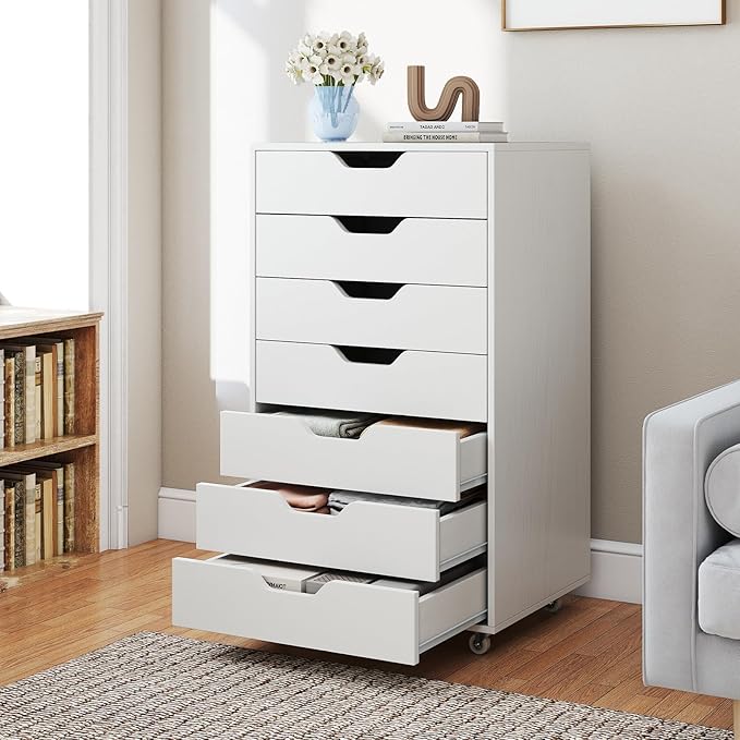 7 Drawer File Cabinet, Mobile Filing Cabinet w/Universal Wheels, Wood Printer Stand with Storage, Rolling File Cabinets for Home Office, Living Room, Bedroom (White, 7 Drawers)