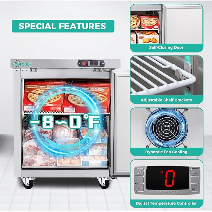 28" Commercial Worktop Freezer, 8 Cu.ft Single Door Stainless Steel Undercounter Freezer, -8–0°F, R290