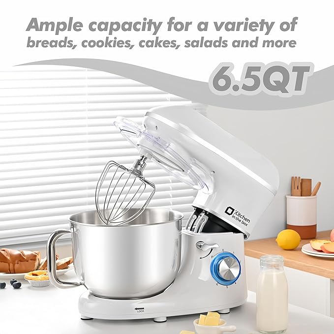 Kitchen in the box Stand Mixer, 6.5QT 660W Kitchen Electric Mixer, 6-Speed Tilt-Head Food Mixer with Dough Hook, Wire Whip and Beater (White)