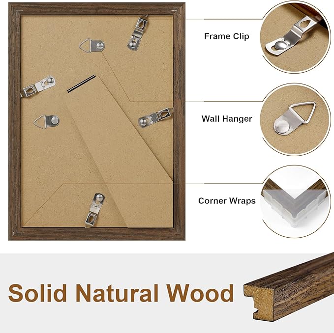 Vittanly 5x7 Picture Frame Set of 2, Solid Wood Frame for Wall or Tabletop, Display Photo 4x6 with Mat or 5x7 without Mat, Brown