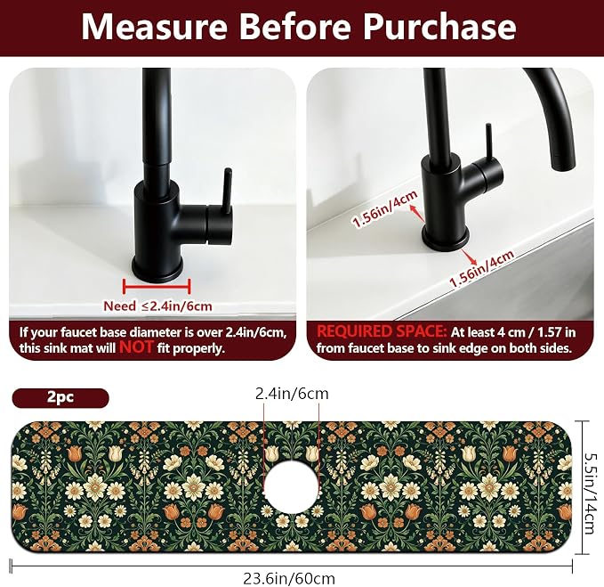 2Pcs Vintage Plants Kitchen Sink Splash Guard Faucet Mat Vintage Flowers Leaves - Image 2