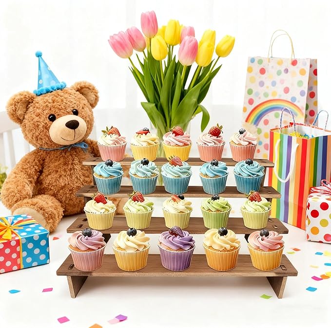 4 Tier Cupcake Stand for 24 Cupcakes - Wooden Tiered Display Stand, Rustic Wood Display Risers for Vendor Events, Cup Cake, Dessert, Spice Rack, Candles, Matcha Station, No Tools Required to Install